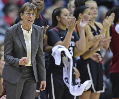 FILE - In this Nov. 12, 2017, file photo, Stanford head coach Tara VanDerveer, left, talks from the bench during the fourth quarter of an NCAA college basketball game against Connecticut, in Columbus, Ohio. (David Dermer / Associated Press)
