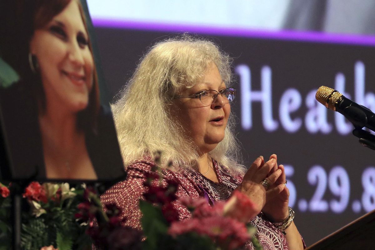 Susan Bro, mother to Heather Heyer, speaks during a memorial for her daughter, Wednesday, Aug. 16, 2017, at the Paramount Theater in Charlottesville, Va. Heyer was killed Saturday, when a car rammed into a crowd of people protesting a white nationalist rally. (Charlottesville / Associated Press)